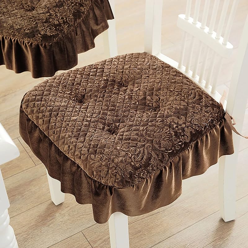 Lace Ruffle Chair Cushion,Square Thick Chair Pad Non Slip Seat Pad with Ties,Warm Velvet Seat Cushion European Seat Cover for Home Decor Dining 40x43cm(16x17inch)