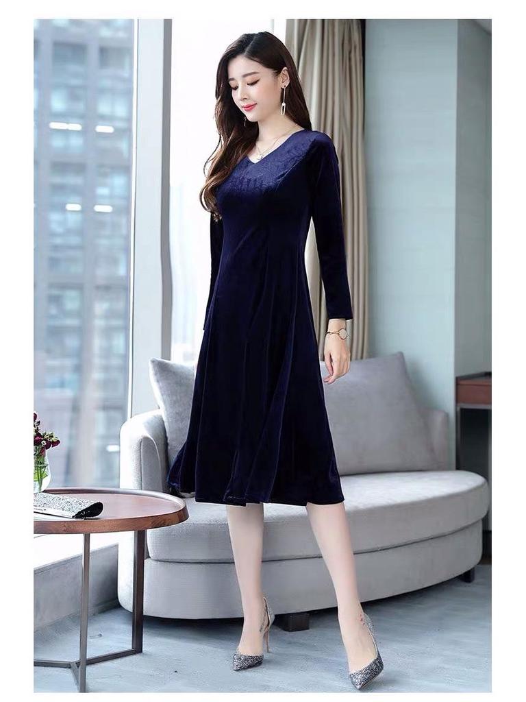 Elegantes Samt-Langarmkleid für Damen - Taillenbetonender Midirock für jede Jahreszeit