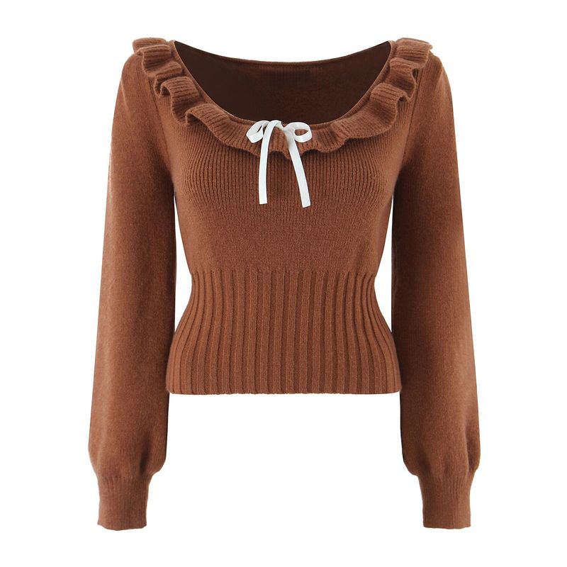 

Hyde Park Super Nice French style Retro Sweet Wooden Ear Bow Temperament Slimming Sweater Knitted Top Brown S