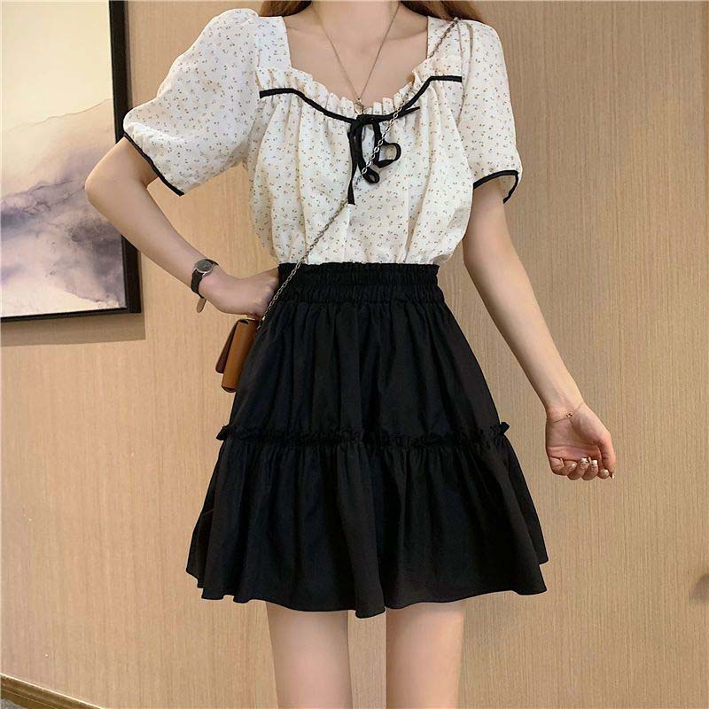White Skirt Woman Elastic Waist Agaric Edge Solid Color A-line Skirt Sweet Lovely Preppy Style Spring and Summer