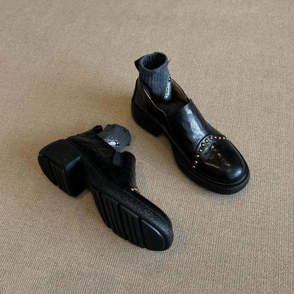 Sheepskin Version~ British Style Small Leather Shoes Women's Leather Thick-soled Rivets One Pedal Deep Loafers Elastic Single Shoes