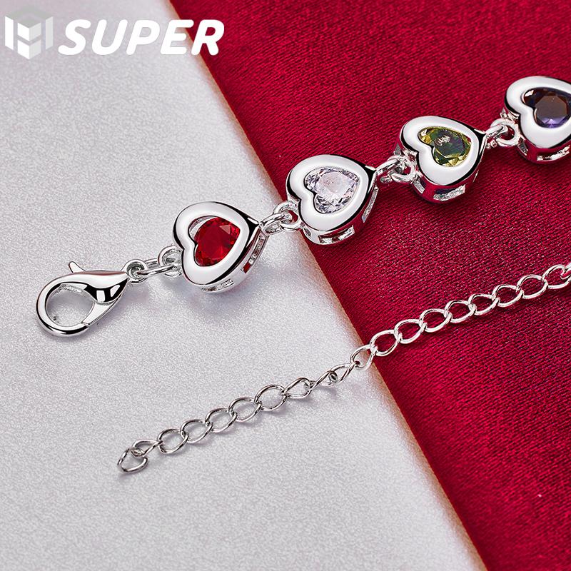 925 Sterling Silver Heart Inlaid With Multi-color AAA Zircon Bracelet Jewelry