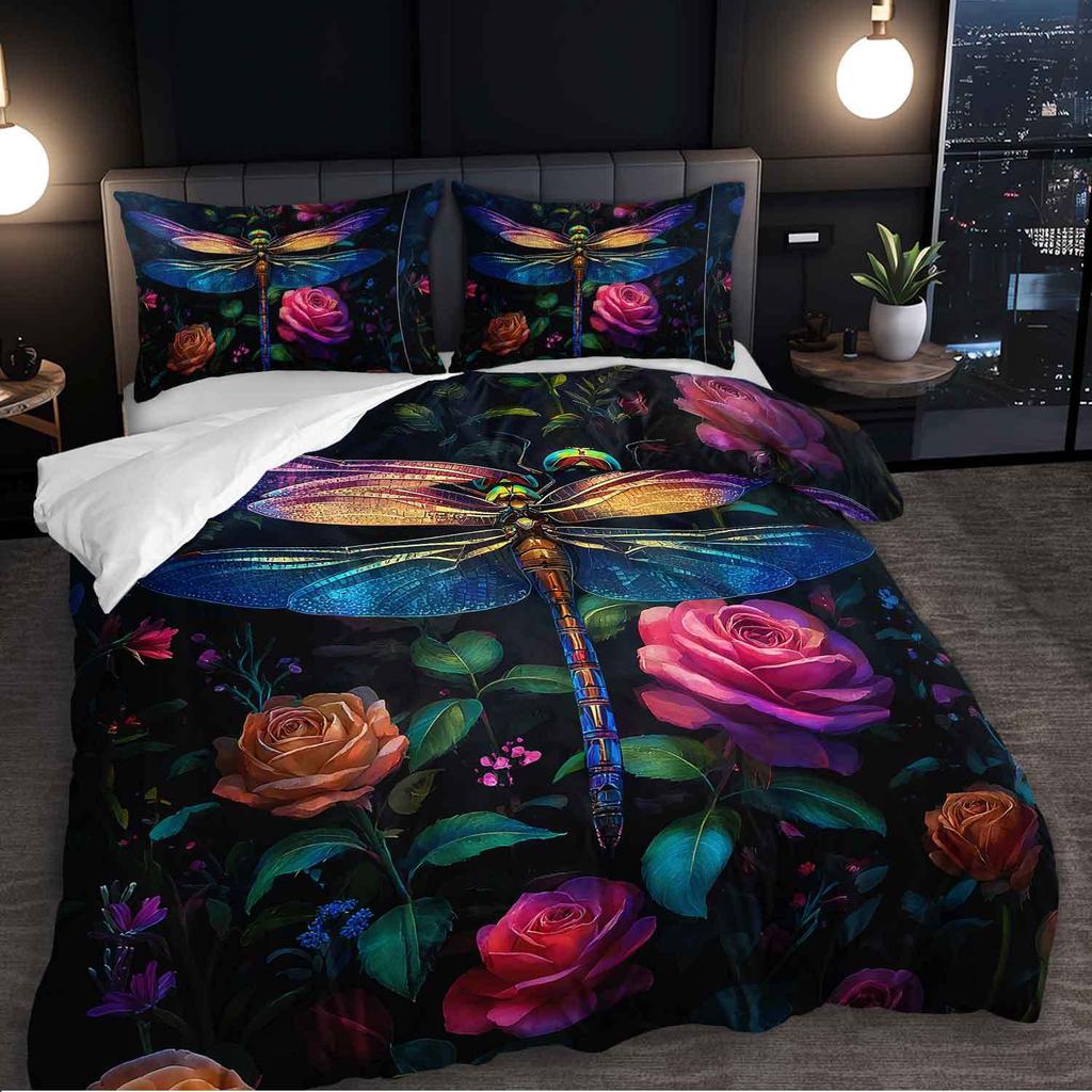 3Pcs Colorful Dragonfly And Rose Floral Bedding Duvet Cover Set, Featuring A Dragonfly Rose Garden Design. This Floral-Themed