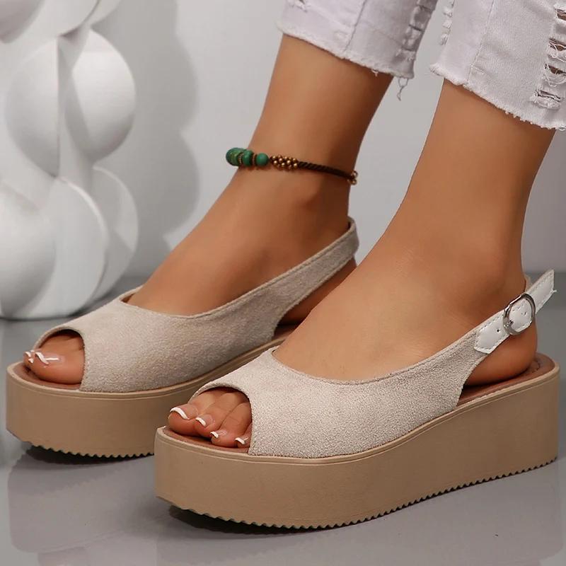 

Fashion Vintage Beige Chunky Platform Sandals Women Simple Back Buckle Peep Toe Sandal Ladies Fashion New High Heel Wedge Sandals Female 43 бежевый