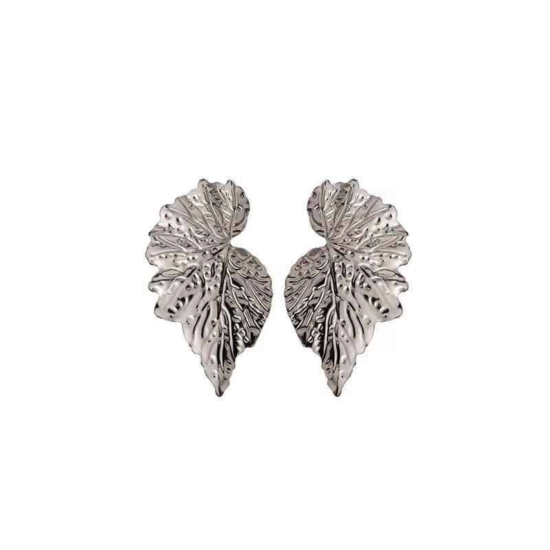 Trendy 2026 European & American 3D Leaf Earrings: Bold Metal Statement Jewelry for Women