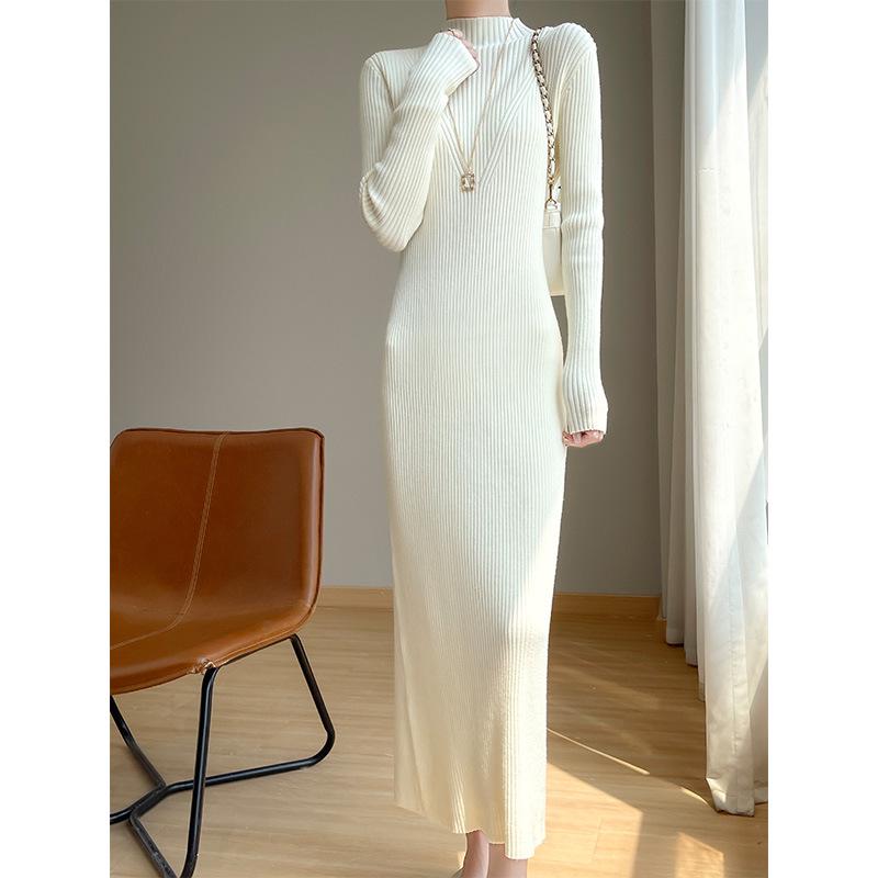 New Autumn/Winter Slimming Knit Dress for Women - Half-High Neck, Figure-Flattering, Long Length Bodycon Skirt