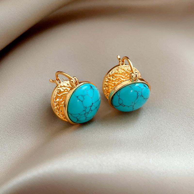 Посеребренные серьги-гвоздики с цирконами, покрытие из настоящего золота, круглые, с искусственной бирюзой, в ретро-этническом стиле, простой дизайн