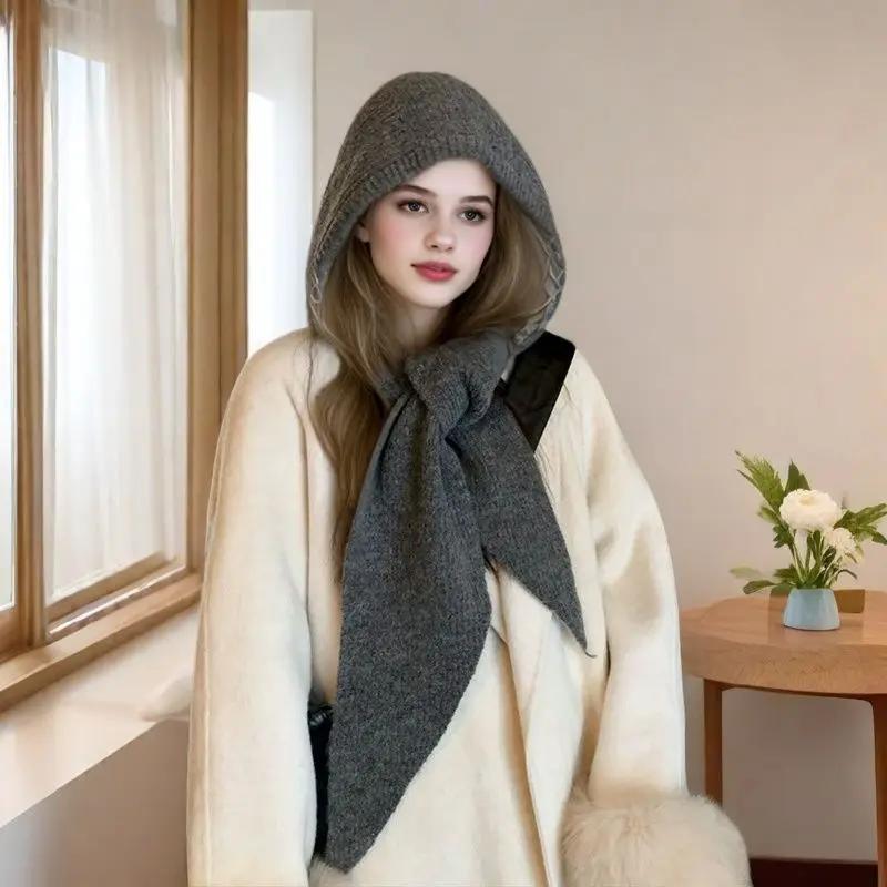 Autumn Winter Women Knitted Hat Scarf Set Ins Style Balaclava Beanie Windproof Warm Plush Hood Outdoor Cycling Christmas Gift