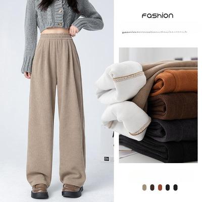 Autumn Winter Thick Warm Pants with Fleece Sports Pants High Waisted Straight Leg Pants Women Casual Wide Leg Pants