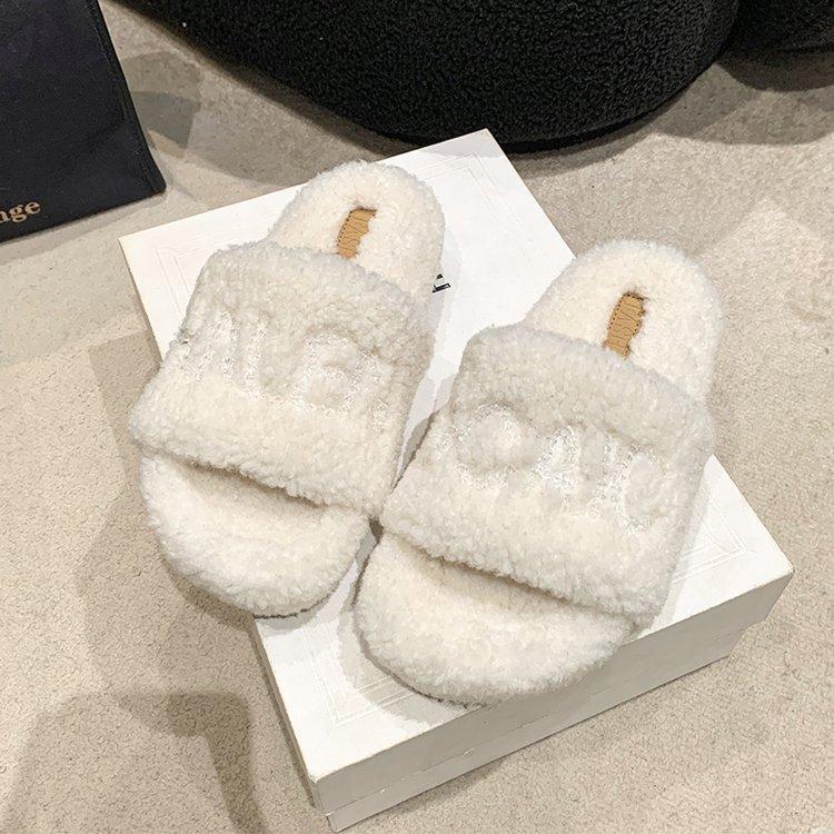 Europeiska nya skor i lammull strass bokstav ord sandaler platta skor bär varma tofflor