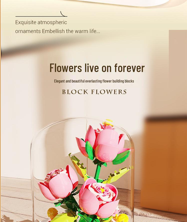 Preserved Flower with Cover Micro Particle Building Blocks - Desk Ornament Gift for Children's Day