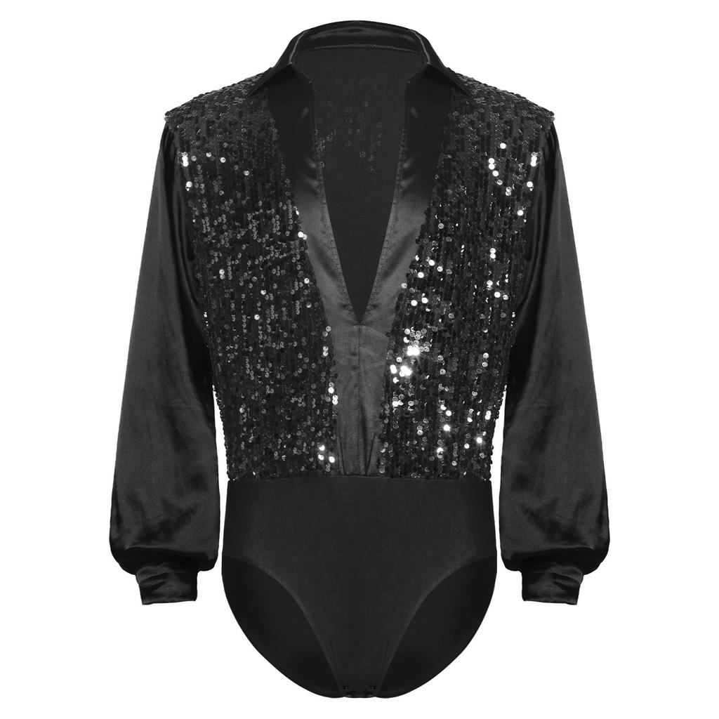 Mens Latin Ballet Dance Bodysuit Glittery Sequined Bodice V Neck Satiny Long Sleeves Buttoned Crotch Leotard