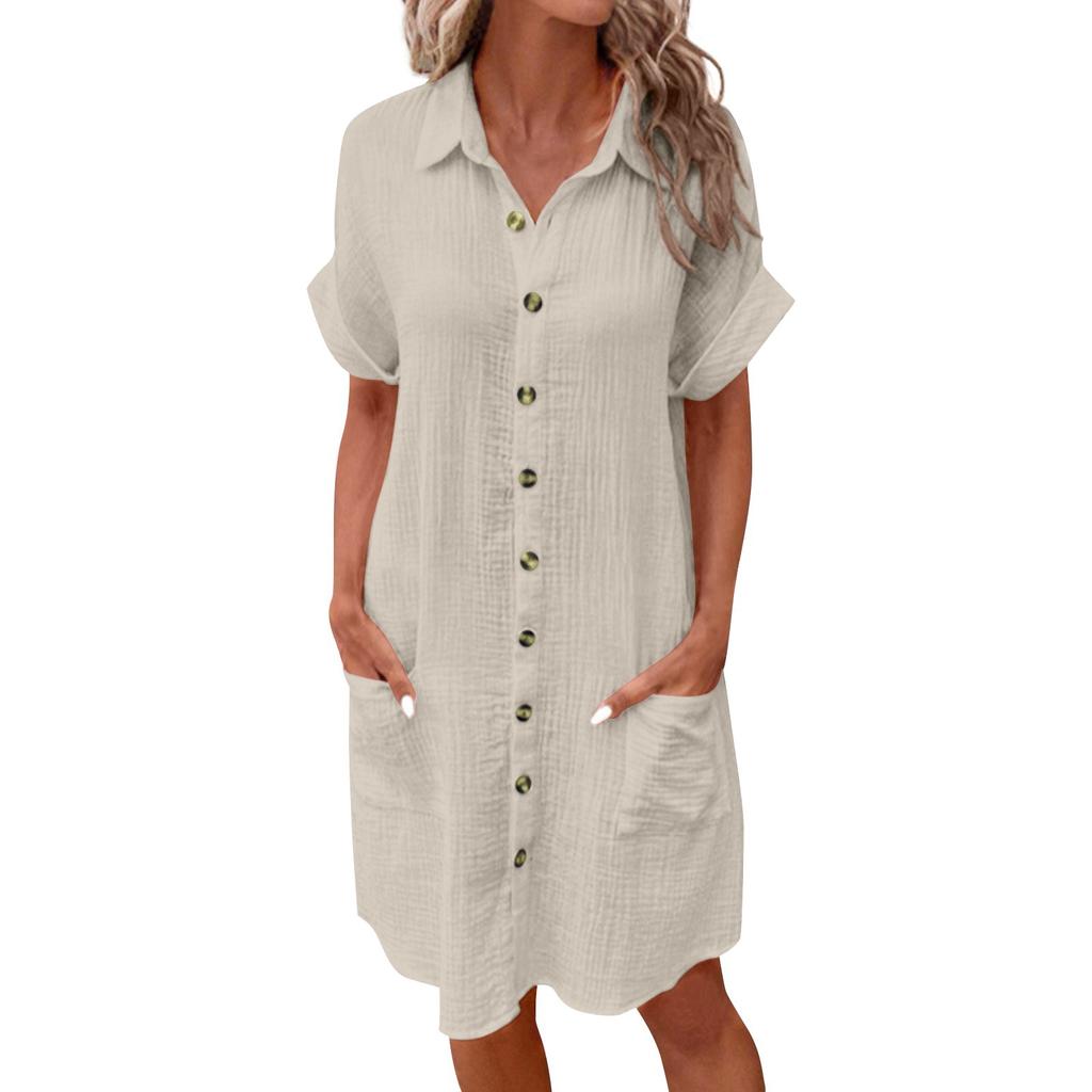 Fashion Women's Summer Casual Short Sleeve V-Neck Button Dress