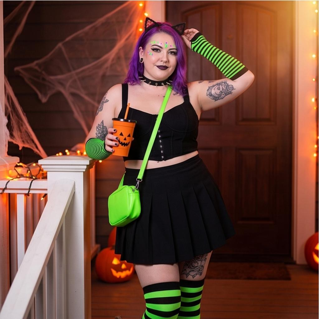Halloween Colorful Striped Over-The-Knee Socks and Matching Gloves Set for Party