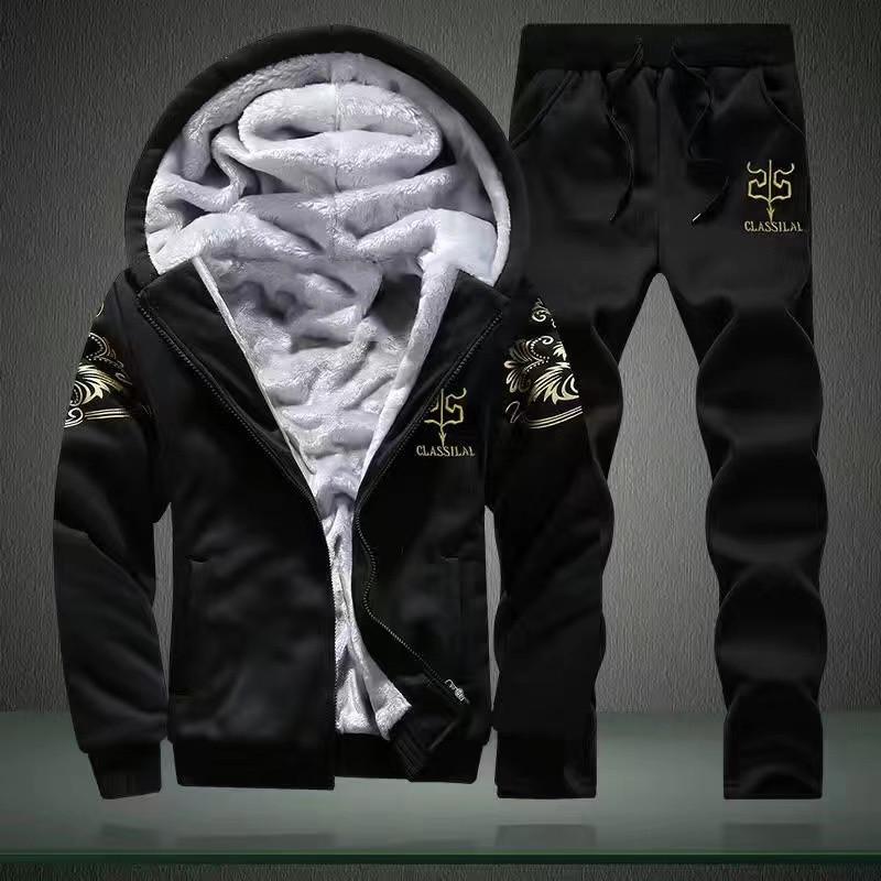 Men's Winter Fleece-Lined Casual Sports Two-Piece Set with Hoodie and Pants