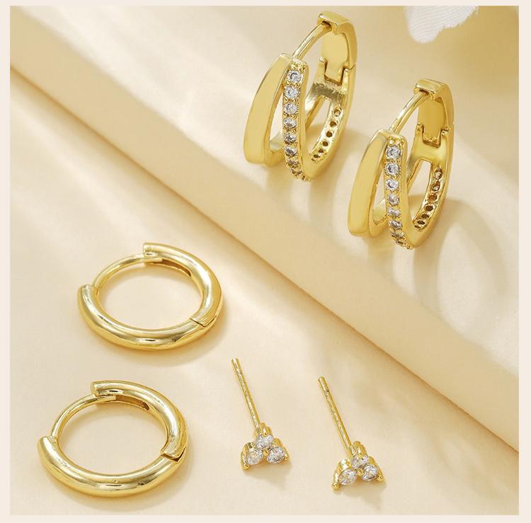 3 Pcs Set Hoop Stud Earrings for Women, Multiple Piercing CZ Crystal Triangle Studs Stackable Huggie Earrings Set Jewelry