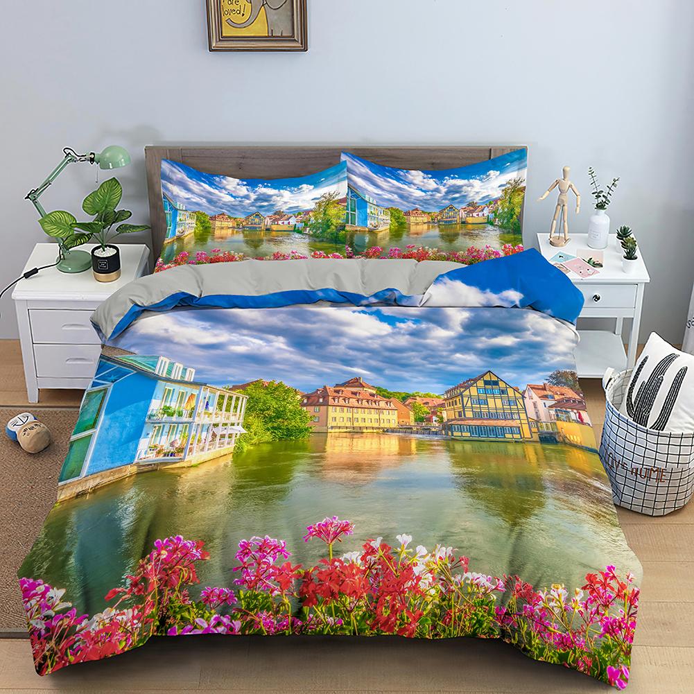 3D Nature Landscape King Queen Duvet Cover Flowers Green Leaves Bedding Set Shimen View Quilt Cover Polyester Comforter Cover