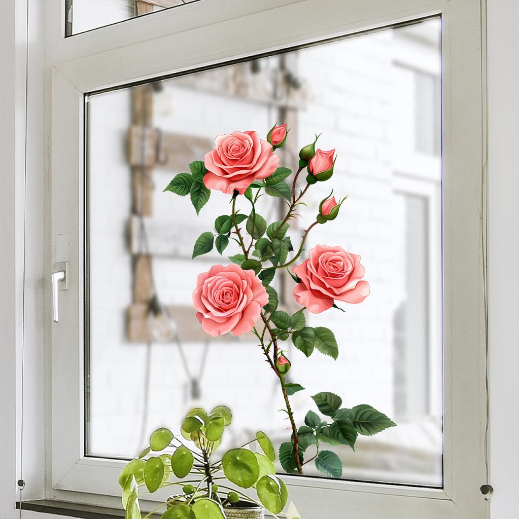 Romantic Pink Rose Window Stickers, Self-adhesive Waterproof Glass Stickers, Home Decoration Wall Stickers