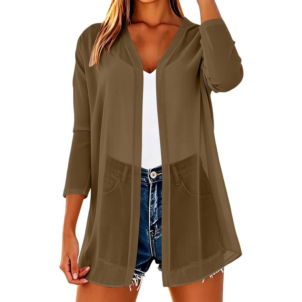 Women's Lightweight Chiffon Open Front Cardigan Three Quarter Sleeve Loose Fit Summer Outerwear Layering Top for Casual Wear