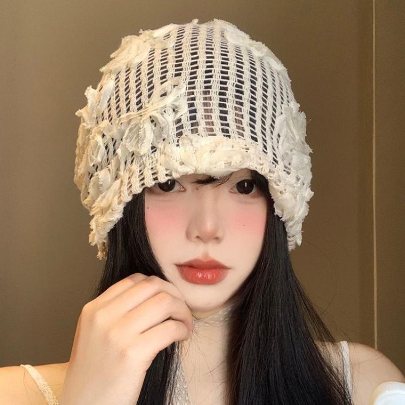 Women's Spring Summer Flower Hollowed Out Pile Cap Thin Breathable Big Head Circumference Toe Cap Korean Version Face Enhancing Small Cold Hat