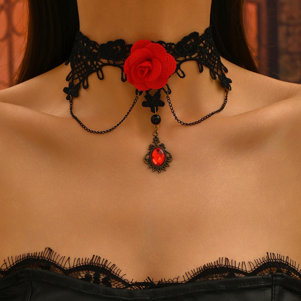 Vintage style dark red rose long fringed necklace goth black lace collarbone chain collar
