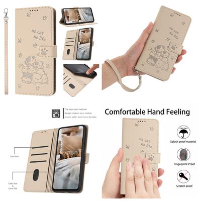 Golden Playful Cat-themed Leather Wallet Stand Function Phone Case for iPhone Samsung Huawei Honor Xiaomi Redmi Oppo Infinix Tecno Google...