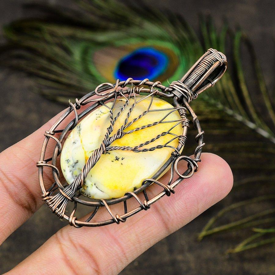 Yellow Dendritic Gemstone Copper Wire Wrap Jewelry Pendant 3.07"
