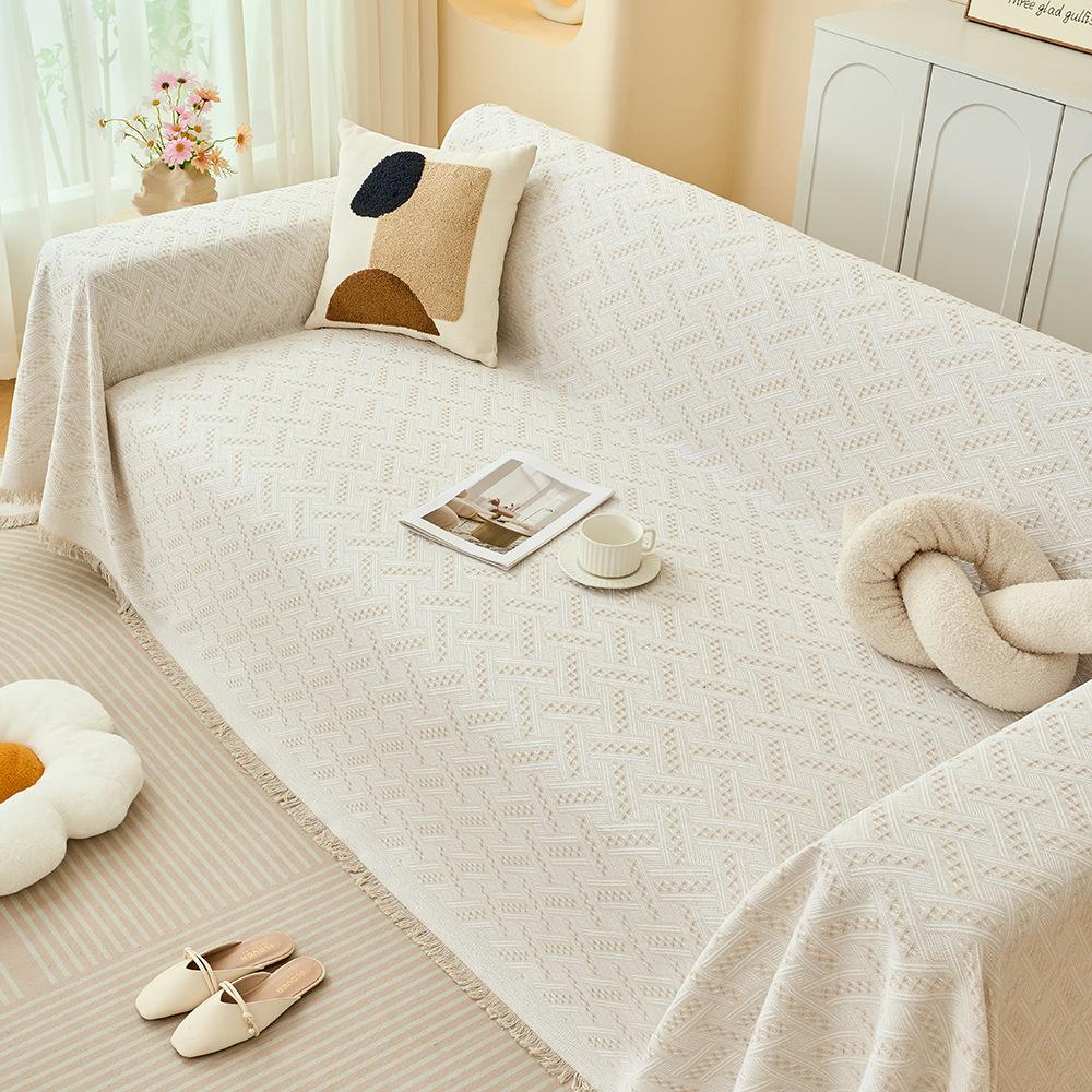 Ins Minimalist Soft Cotton Yarn T-Grid Sofa Throw One-Piece Sofa Mat Machine Washable All-Season Full Coverage Universal Sofa Cover Versatile