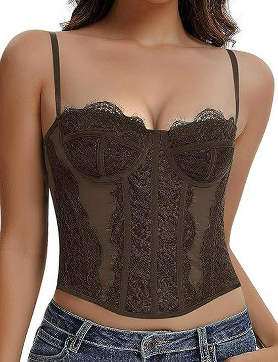 Spicy Girl Eyelash Lace Trim Slim Fishbone Corset Camisole
