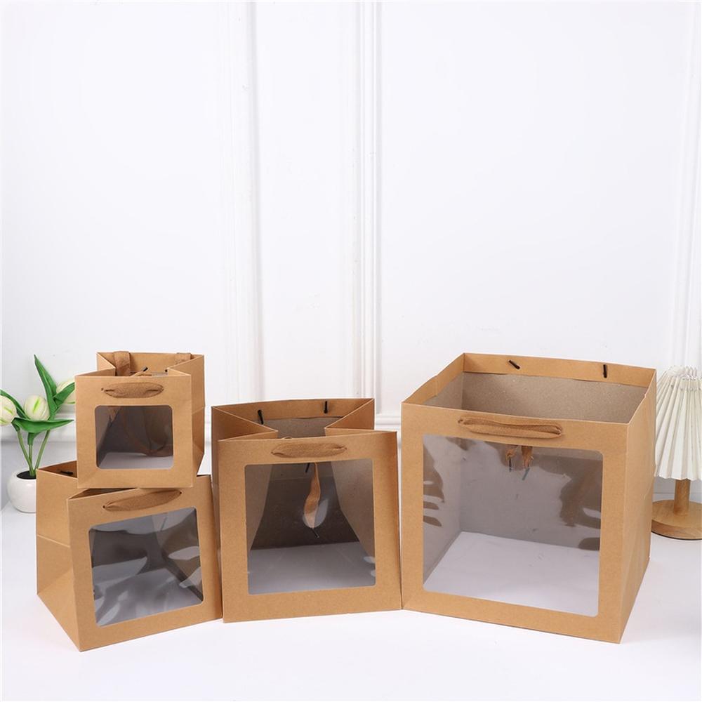 Square Clear Window Gift Bag with Handle Sturdy Paper Carry Bag for Flower Plush Toy Cake and Party Gift Packaging Bag