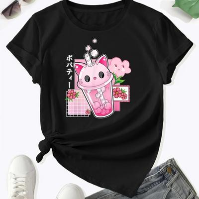 T-shirt z nadrukiem kota Boba Tea i bąbelkami Uroczy T-shirt z okrągłym dekoltem i krótkim rękawem Odzież damska na wiosnę i lato Graficzny Vintage Y2K