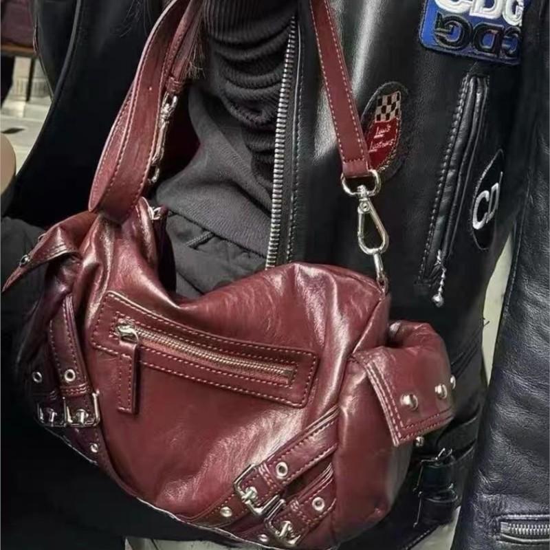 Vintage Hot Girl Crossbody Bag Women Studded Punk Shoulder Bag Ladies Durable Leather Large Capacity Cylinder Bowling Bag Y2k