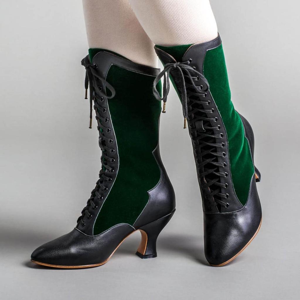 Vintage Block Heel Green Lace Up Boots For Women Wide Calf Riding Boots Fashion Color Blocking Patchwork Western Knight Shoes