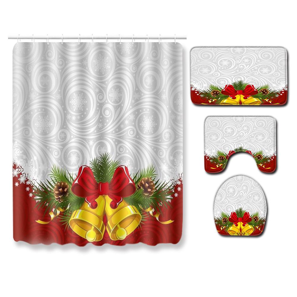 Christmas Waterproof Shower Curtain Floor Mat Four-Piece Set, Bathroom Water-Absorbing Non-Slip Door Mat, Shower Room Water-Absorbing Carpet