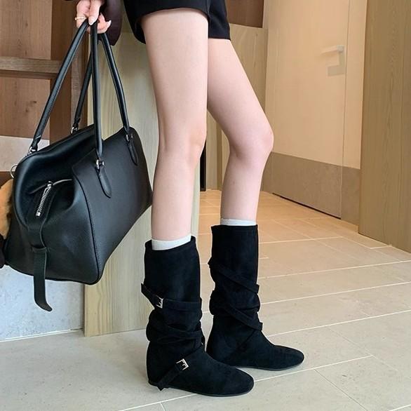 Cowhide version Uncle Zhou's height increased 6cm knight boots women's cross buckle pleated long boots slim medium boots