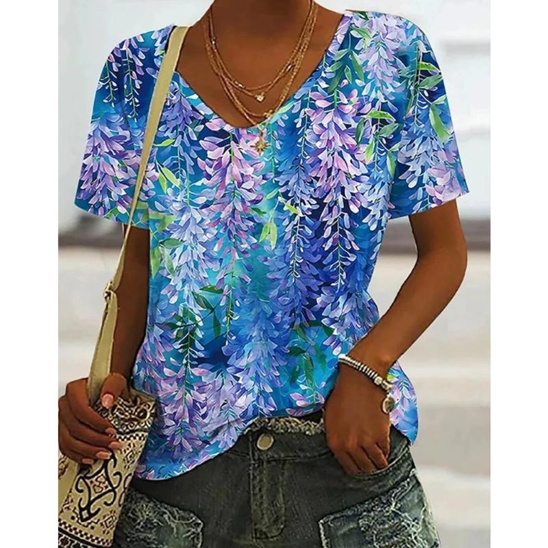 Summer V-neck 3D Vintage Floral Pattern Printed Top Fashionable Casual Colorful Short Sleeved Women's T-shirts