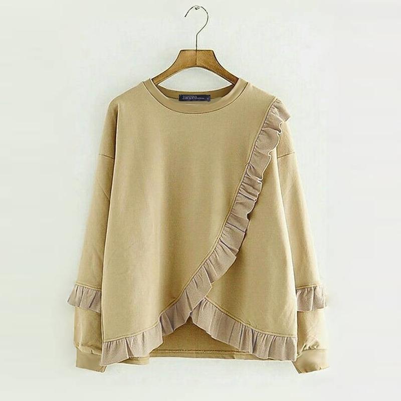 

ZANZEA Женские винтажные толстовки с круглым вырезом и длинными рукавами с оборками и разрезами S хаки