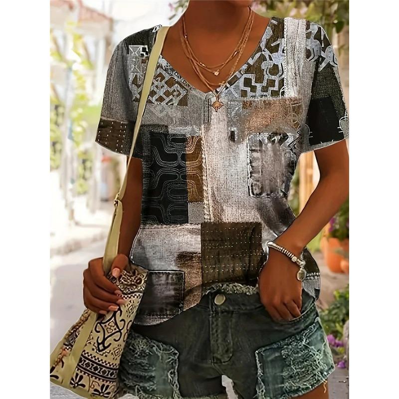 New Colorful Plaid Patchwork 3D Print T-Shirts Women's V-Neck Short Sleeve T Shirt Y2k Harajuku Tees Casual Tops Female Clothing