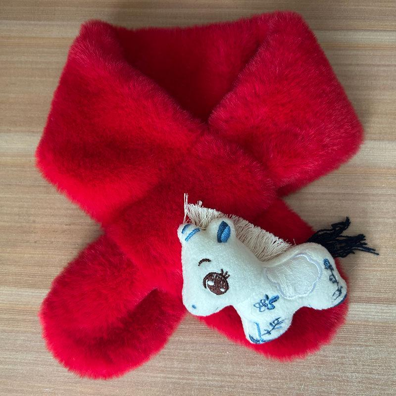 2026 Children's Little Horse Red Plush Winter Scarf - Zodiac Year Warm Anti-Cold Neck Gaiter for Girls