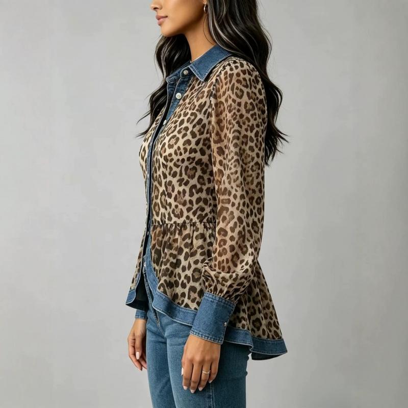2026 New Style Women's Casual Fashion Patchwork Denim Shirt with Leopard Print and Single Button Closure