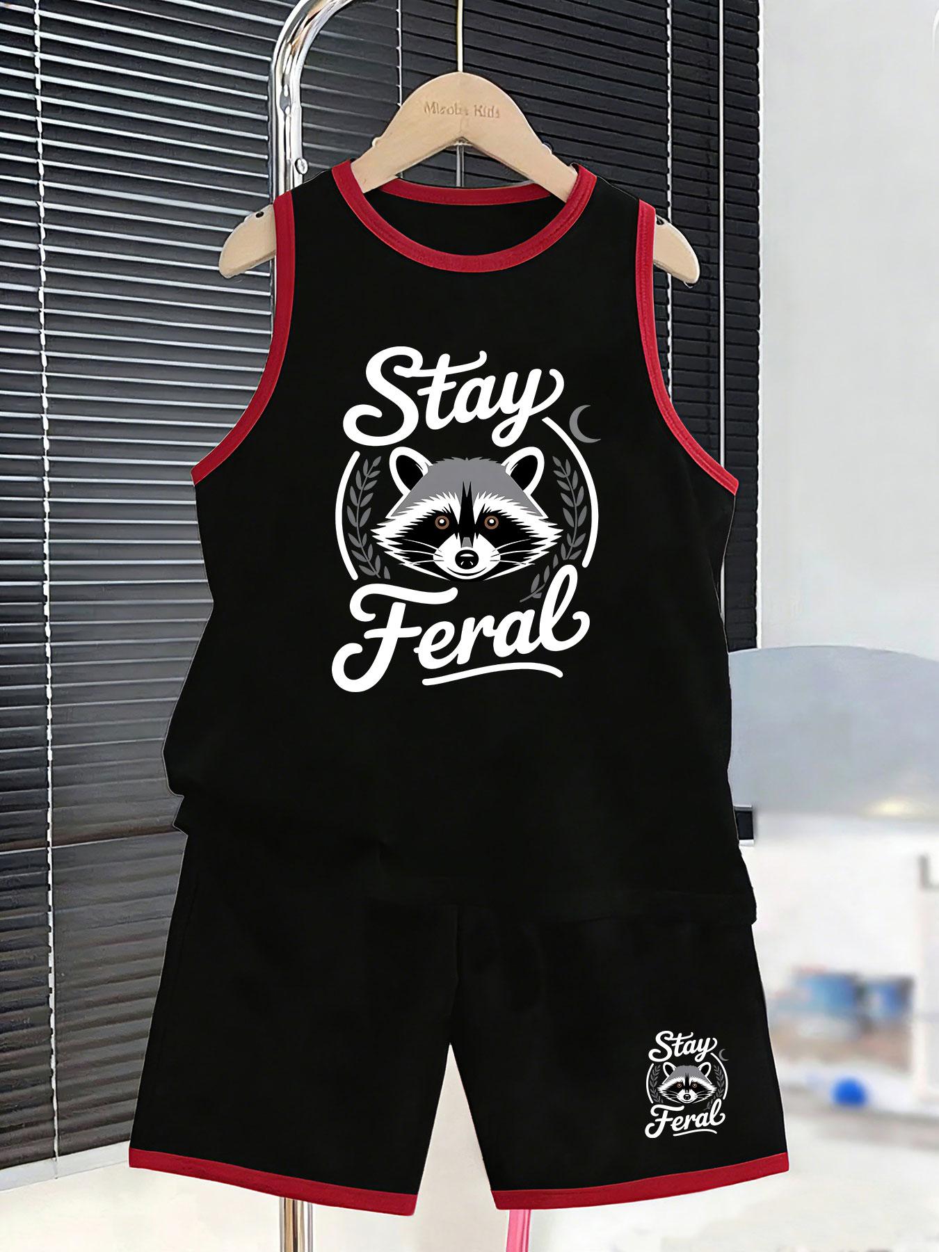 

Boys retro raccoon streetwear vest shorts. Dark trendy print, breathable material for personalized casual and street fashion. 2-3Y чёрный