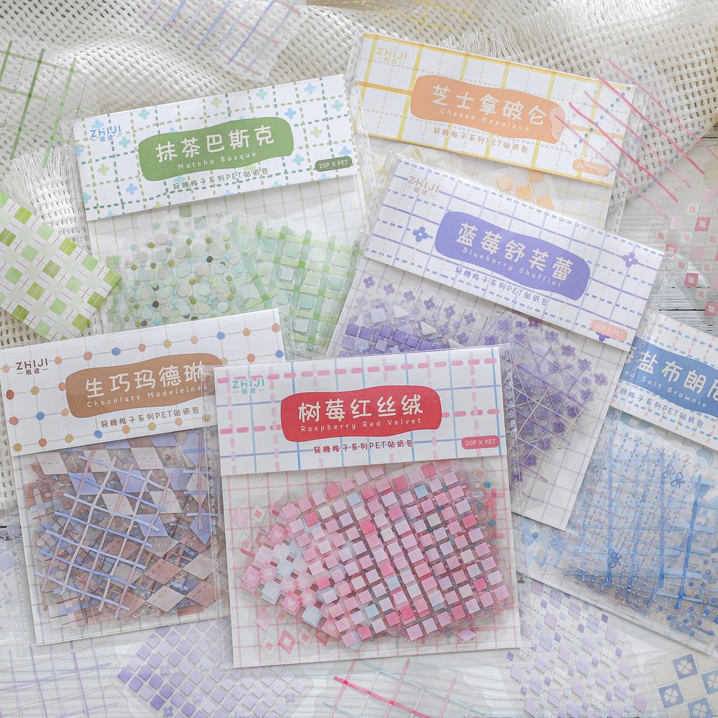 20 Sheets Kawaii Color Grid Series Die Cutting Sticker Pack DIY Scrapbook Decoration Album Diary Stickers Aesthetics Stationery