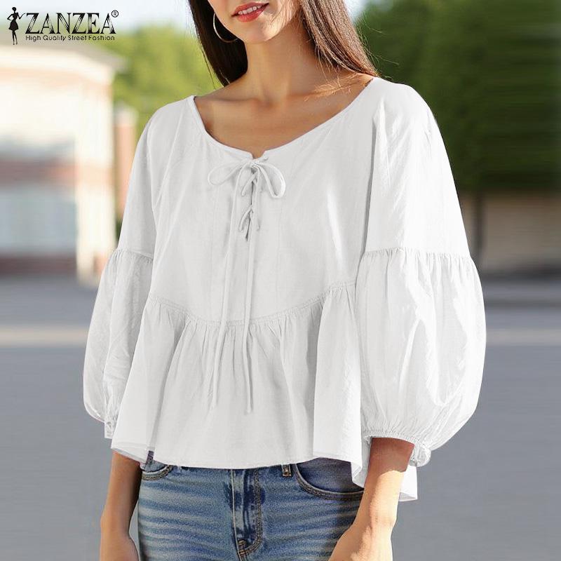 

ZANZEA Women Vintage Round Neck Lantern 3/4 Sleeve Tie Blouses S