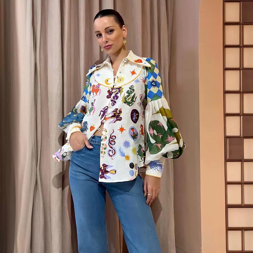 

Trendy Graffiti Print Lapel Lantern Sleeve Cardigan Shirt M