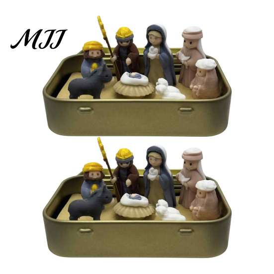 Nische Kreatives Weihnachtsgeschenk Mini-Weihnachtskrippe in einer Blechdose, 3D-gedruckte Taschengröße Heilige Familie Retro Metall-Aufbewahrungsbox Figuren,