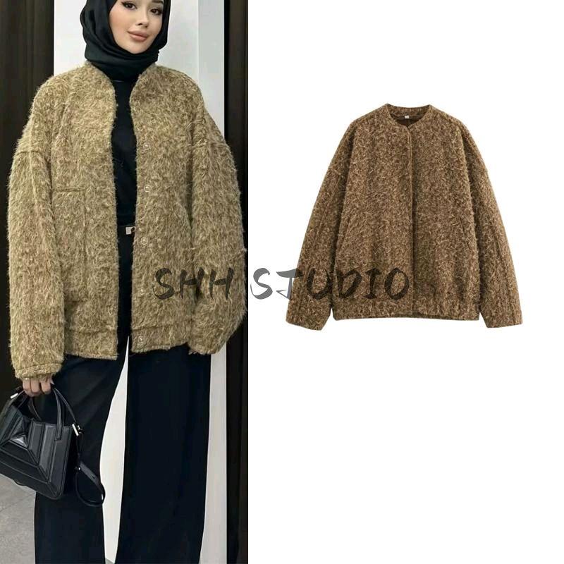 25 Spring New Women's Clothing Fashion Style round Neck Long Sleeves Large Loose Pockets Single Breasted Short Jacket