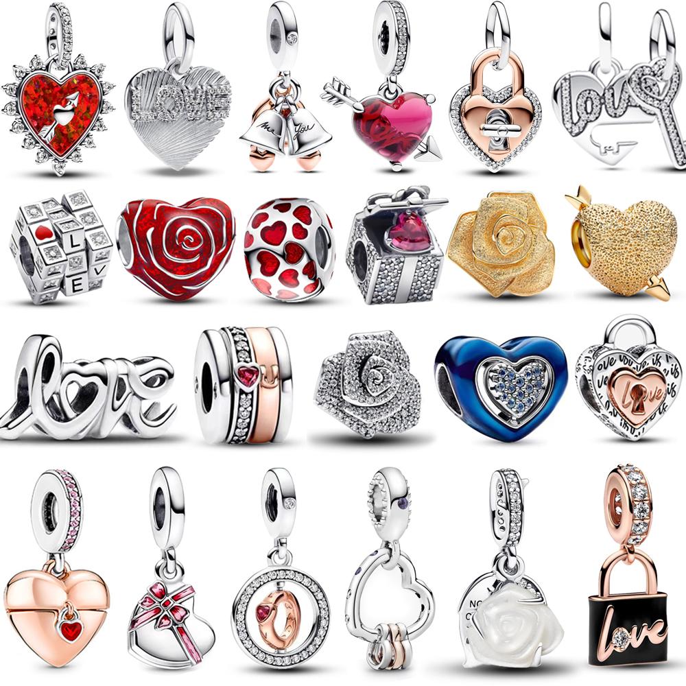 Romantic Heart Full Of Hearts Dangle Charm & Sparkling Rose In Bloom Beads For Copper Valentine'S Day Necklace Gift