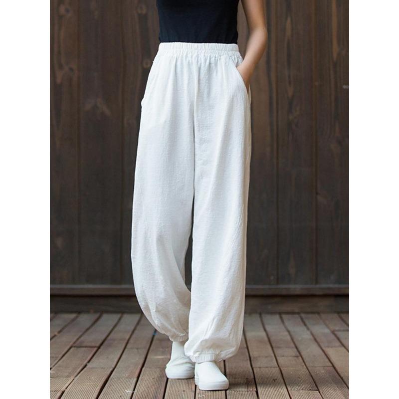 Johnature Damen-Hose aus Leinen mit weitem Bein, 8 Farben, Vintage, elastische Taille, Frühlingshosentaschen, lockere, lässige lange Damenhose