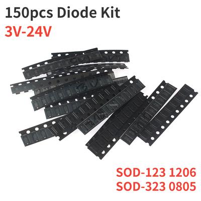 150PCS 1206 0805 Zener Diode Kit SOD-123 SOD-323 3V-24V 1N4148 Diodes 3.3V 4.7V 5.1V 5.6V 7.5V 8.2V 10V 12V 15V Assorted Set