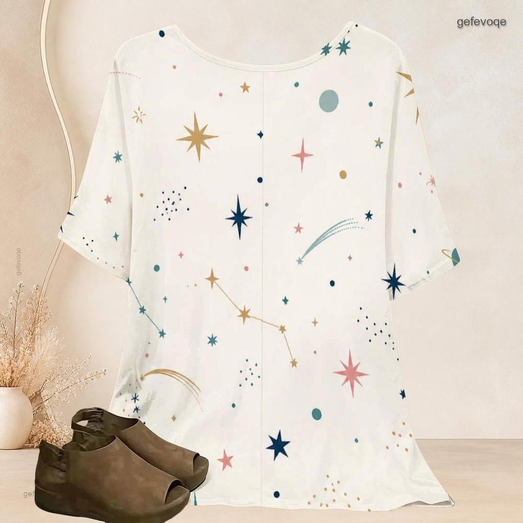 Women Plus Size Batwing Short Sleeve Top Round Neck Moon Star Night Sky Print Loose Casual Tunic Blouse